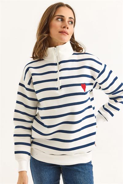 Kadın Oversize Çizgili Kalp Nakışlı Fermuarlı Sweatshirt Lacivert Beyaz