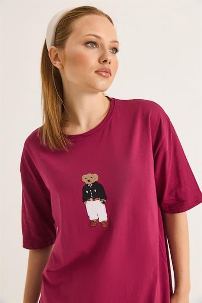 Ayıcık Nakışlı Rahat Kalıplı Tshirt Bordo