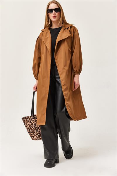 Bel Kuşaklı Oversize Trençkot Kahverengi