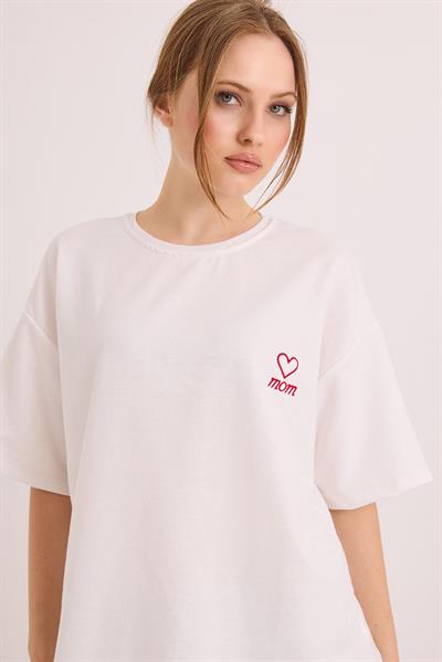 Mom Nakışlı Oversize İki İplik Tshirt Beyaz