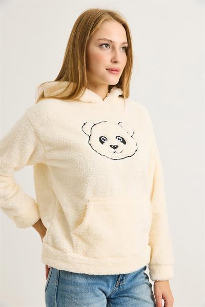 Kadın Kapüşonlu Nakış İşlemeli Peluş Sweatshirt  Ekru