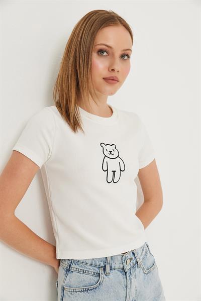 Ayıcık Nakışlı Kaşkorse Bluz Beyaz