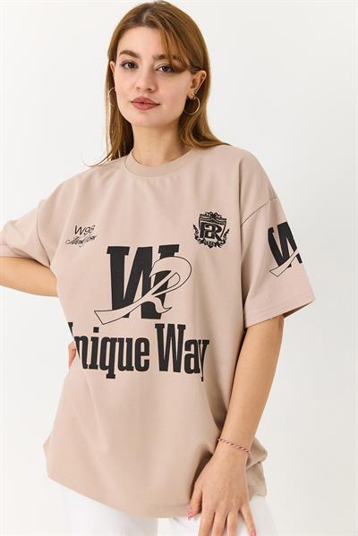 Bisiklet Yaka Baskılı Tshirt Açık Kahve