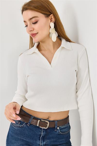 Kadın Polo Yaka Fitilli Crop Bluz Bej