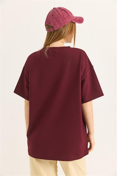 Baskılı Bisiklet Yaka Tshirt Bordo
