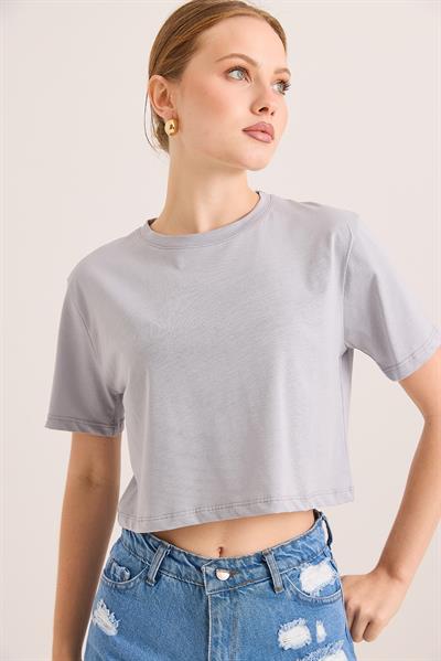Rahat Kalıp Pamuk Örme Crop Tshirt Gri