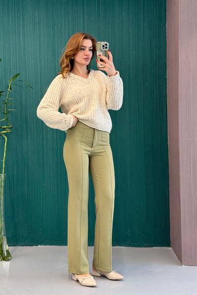 Likralı Krep Örme Kumaşı Yüksek Bel Çımalı  Pantolon Yeşil