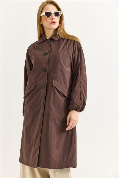 Oversize Hafif Modern Düğmeli Trençkot Kahverengi