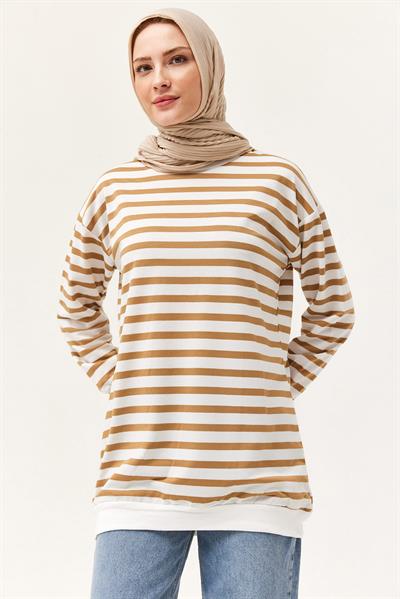 Çizgili Oversize Tunik Vizon