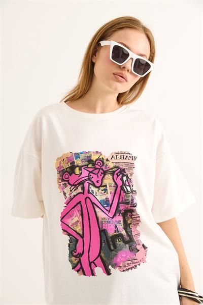 Baskılı Oversize Kesim Kadın Tshirt Beyaz