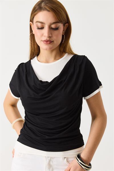 Kadın Drapeli İki Renkli Kısa Kollu  Tshirt Siyah