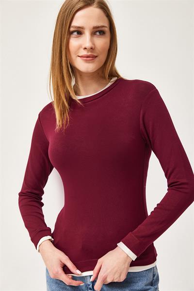 Yaka ve Etek Garnili Esnek Bluz Bordo