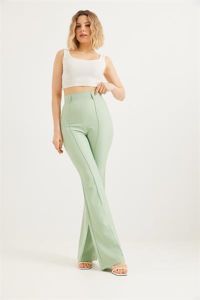 Yüksel Bel Çımalı  İspanyol Paça Pantolon Su Yeşili