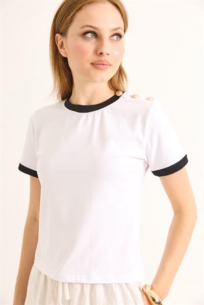 Bisiklet Yaka Kısa Kol Tshirt Beyaz