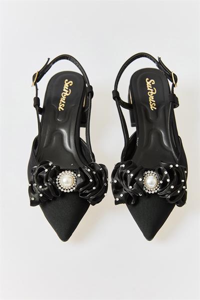 Kadın Büyük Fiyonklu Slingback Kısa Topuklu Ayakkabı Siyah