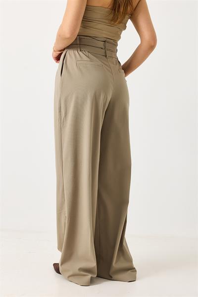 Kadın Çift Kemerli Salaş Kesim Bol Paça Pantolon Vizon