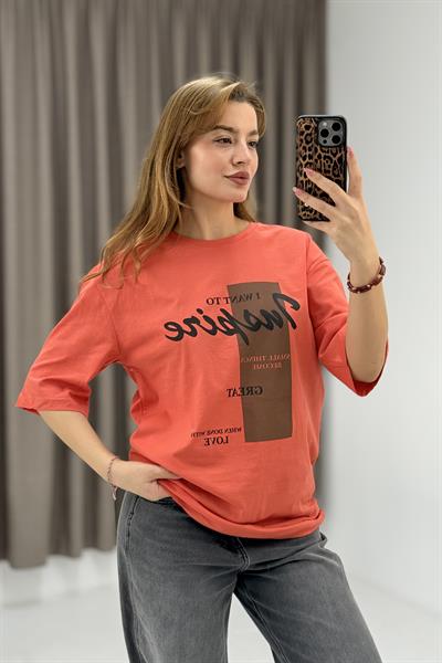 Kadın Yazı Baskılı Bisiklet Yaka Tshirt Turuncu
