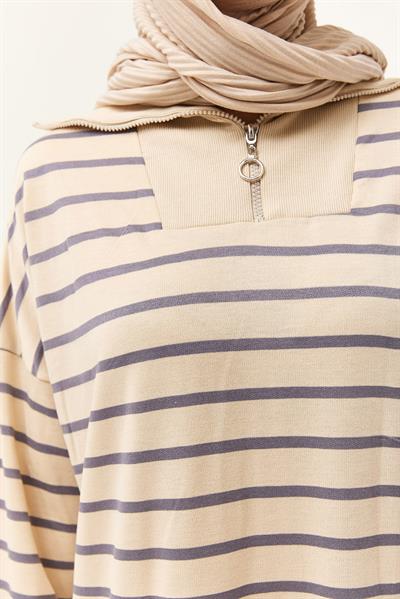 Yarım Fermuar Çizgili Uzun Elbise Gri