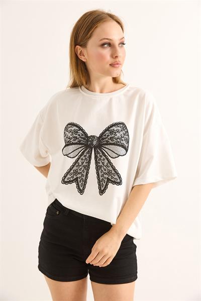 Fiyonk Baskılı Oversize Kesim Tshirt Beyaz