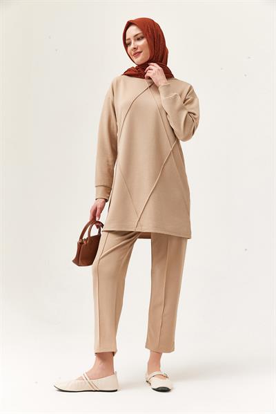Kadın Çapraz Çizgili İkili Takım Bej