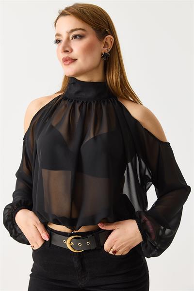 Halter Yaka Full Transparan Omuz Dekolteli  Bluz Siyah