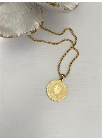 Çelik Burgu Zincirli Uzun Tuğralı Kolye Gold