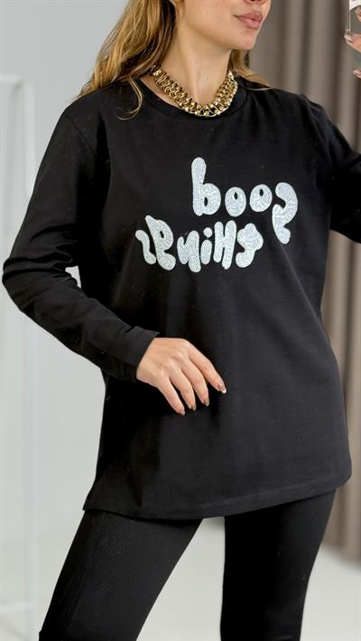 Kadın Siyah Pul İşlemeli Uzun Kollu Tshirt