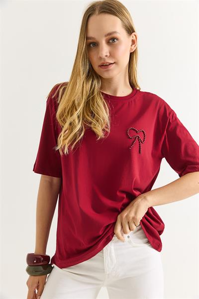 Fiyonk Detaylı Rahat Kesim Kadın Tshirt Bordo
