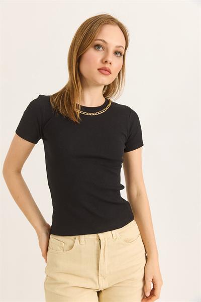 Bisiklet Yaka Zincir Detaylı Kaşkorse Bluz Siyah 