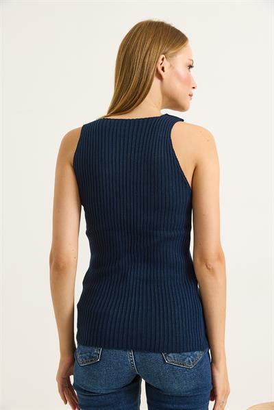 Kare Yaka Kalın Askılı Triko Atlet Bluz Lacivert