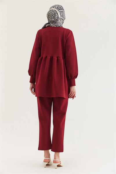 Taş Düğmeli Scuba İkili Takım Bordo