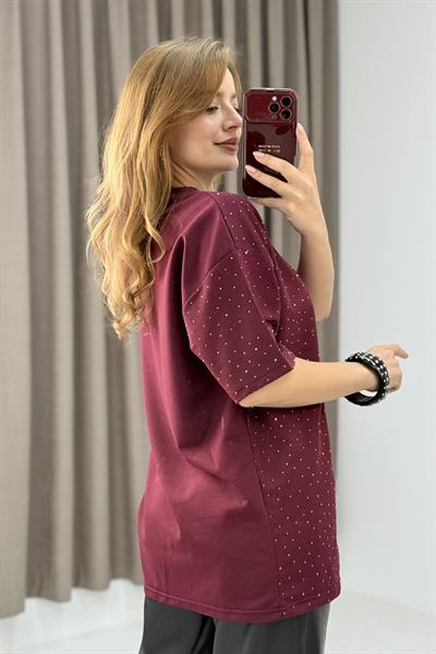 Bisiklet Yaka Taşlı Yarım Kol T-shirt Bordo