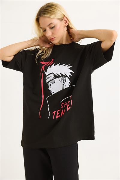 Baskılı Oversize Bisiklet Yaka Tshirt Siyah