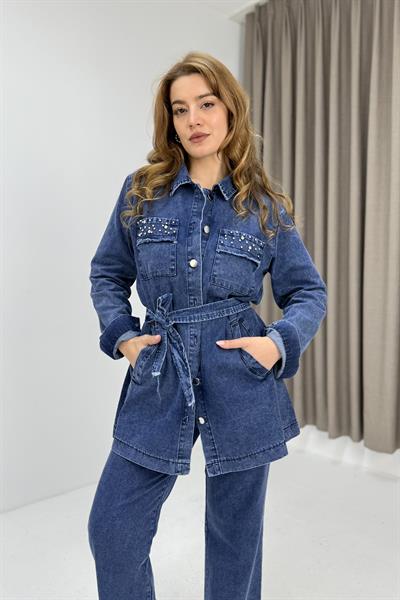 Kuşaklı Cepleri Taş Detaylı Pantolon Tunik Jean Takım