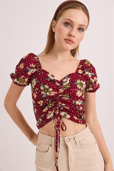 Desenli Prenses Kol Önden Büzgülü Bluz Bordo