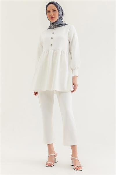 Taş Düğmeli Scuba İkili Takım Beyaz