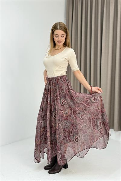 Asimetrik Etnik Desen Astarlı Etek Kadın Mürdüm