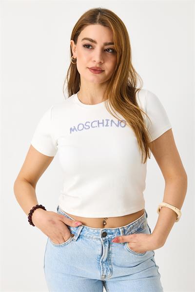 Kadın Taş Baskı Detaylı Crop Bluz Beyaz