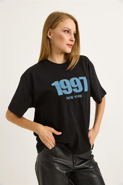 Baskılı Oversize Bisiklet Yaka Tshirt Siyah