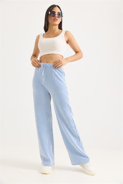 Belden Bağlamalı Geniş Paça Çizgi Desenli Pantolon Mavi