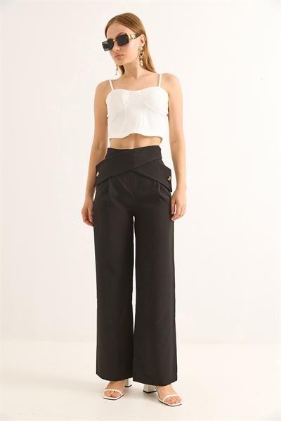 Beli Çapraz Model Geniş Paça Pantolon Siyah