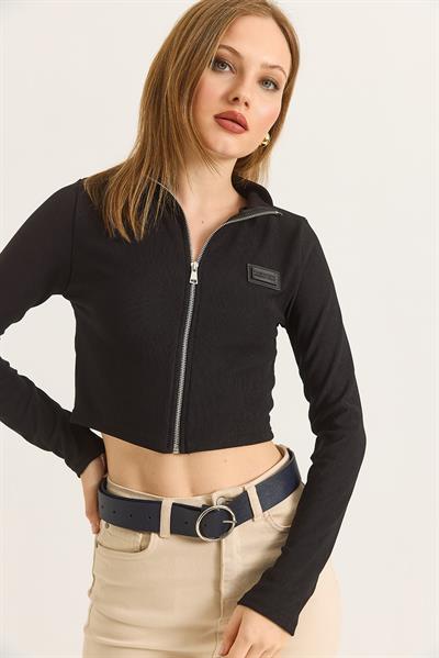 Dik Yaka Fermuarlı Crop Bluz Siyah