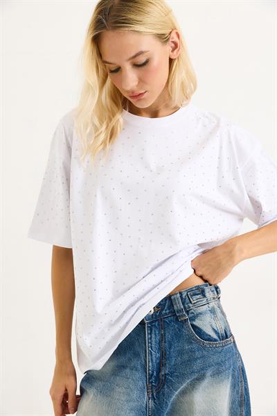 Taşlı Oversize Beyaz Tshirt