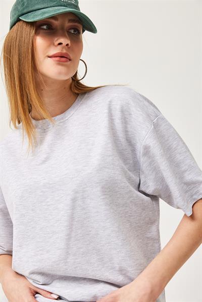 Basic Bisiklet Yaka Tshirt Gri