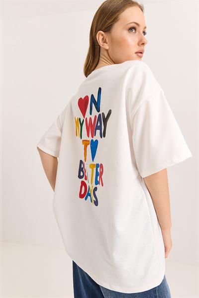 My Way Ön ve Arka Baskılı Rahat Kalıp Tshirt Beyaz
