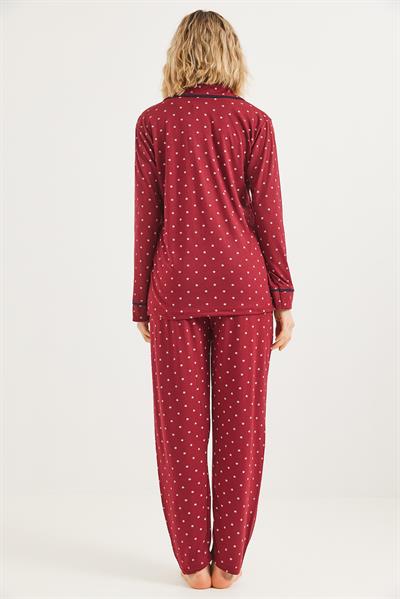 Düğmeli Uzun Kollu Pijama Takımı Kırmızı