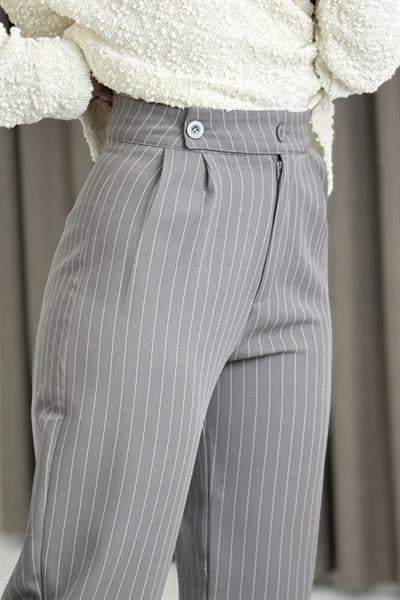 Kemeri Çift Düğmeli Çizgili Palazzo Pantolon Füme