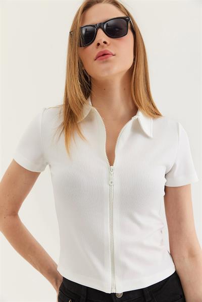 Fermuarlı Gömlek Yaka Crop Bluz Beyaz