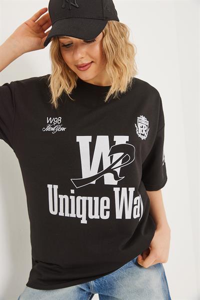 Bisiklet Yaka Baskılı Tshirt Siyah