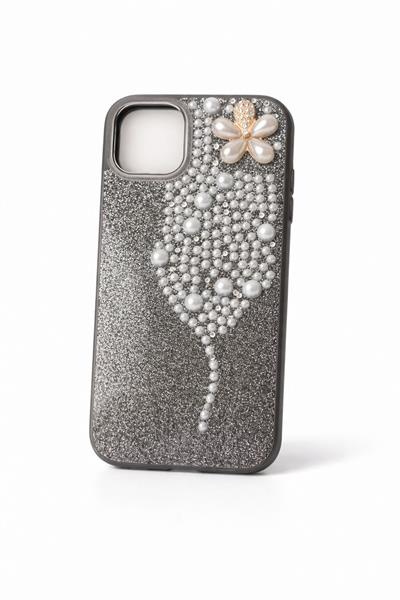İphone 15 Pro Uyumlu İnci ve Glitter Detaylı Kılıf Siyah